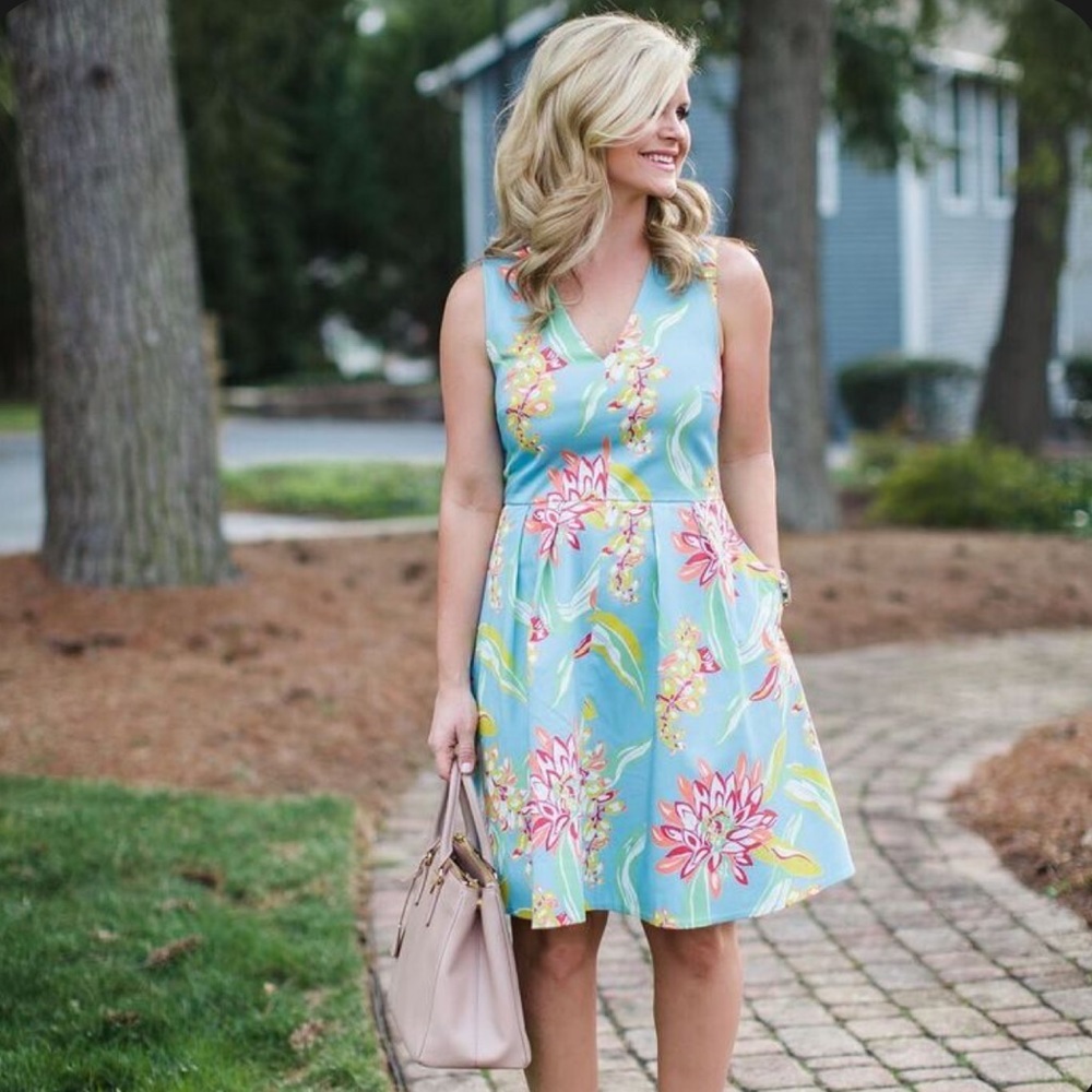 Draper James Sky Blue Georgia Ribbon Floral V Neck Dress Floral 2